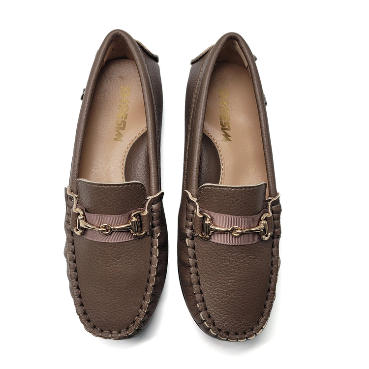 Pair of brown loafers with gold accents on a white background