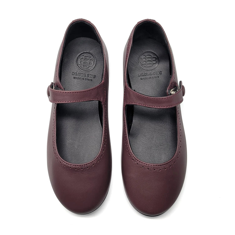 Pair of maroon shoes with a snap on a white background