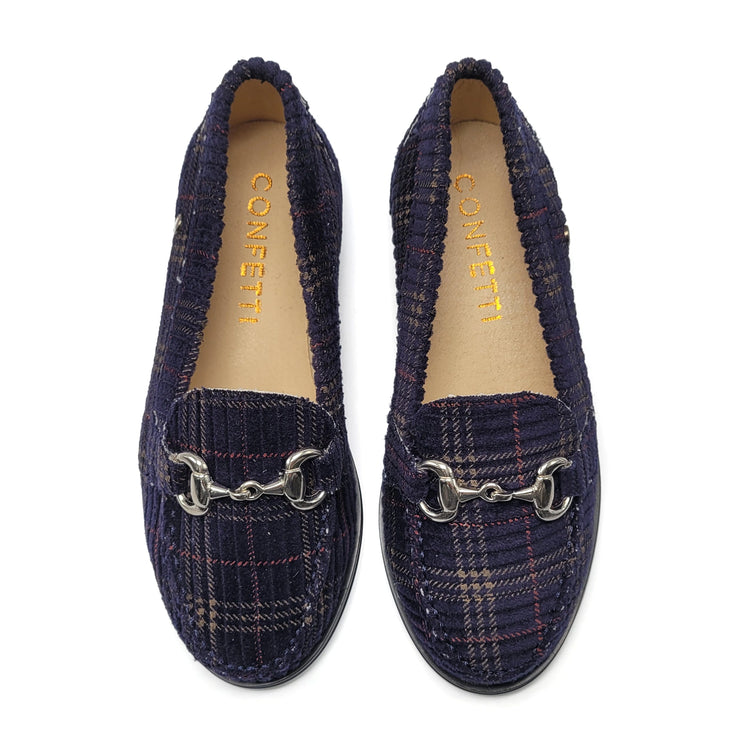 Pair of navy plaid loafers on a white background