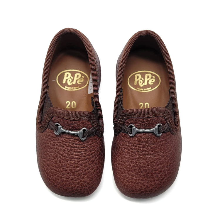 Pair of brown loafers with brand logo on a white background
