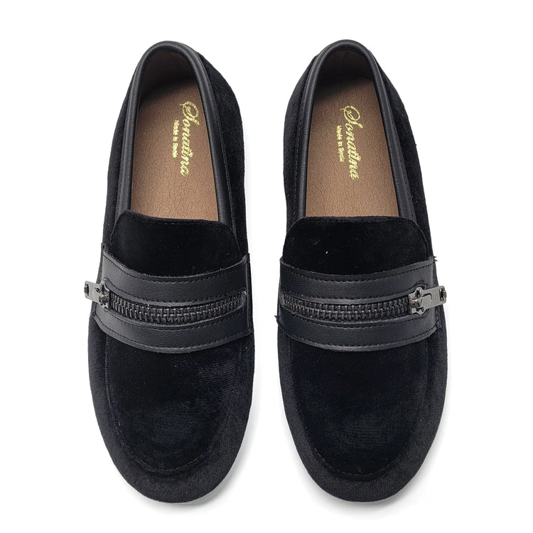 Pair of black loafers with a zipper detail on a white background
