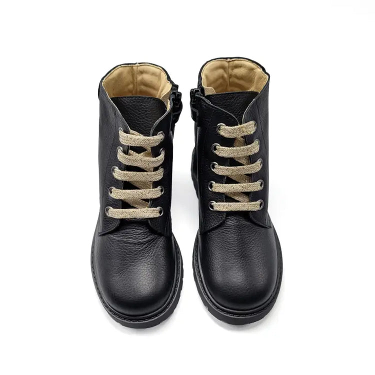 Andanines black leather gold heart combat bootie 242689 - girls