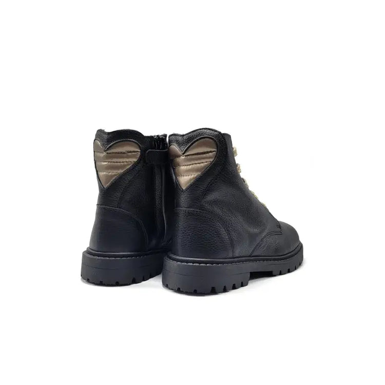 Andanines black leather gold heart combat bootie 242689 - girls