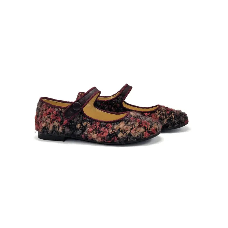 Floral patterned shoes with a strap on a white background