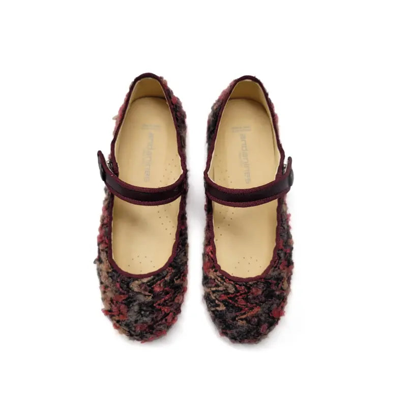 Pair of patterned shoes with a strap on a white background