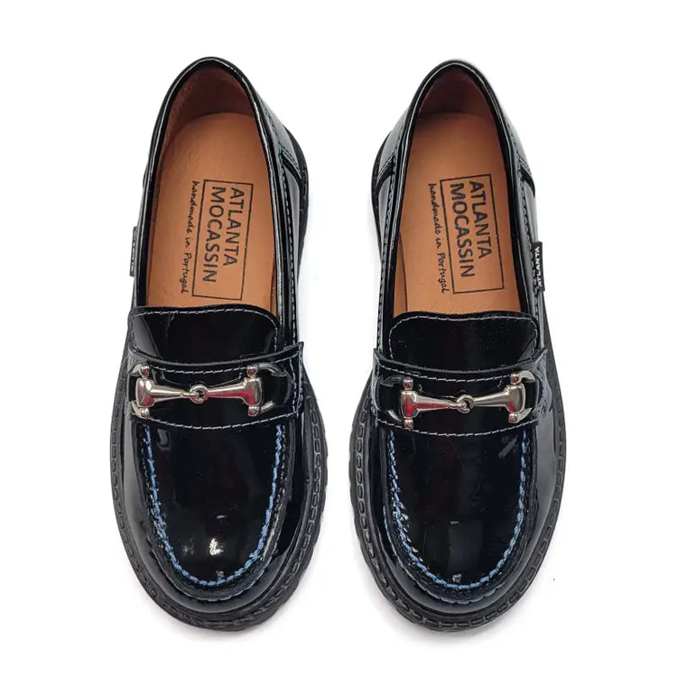 Atlanta mocassin black patent blue stitch chunky loafer 17k