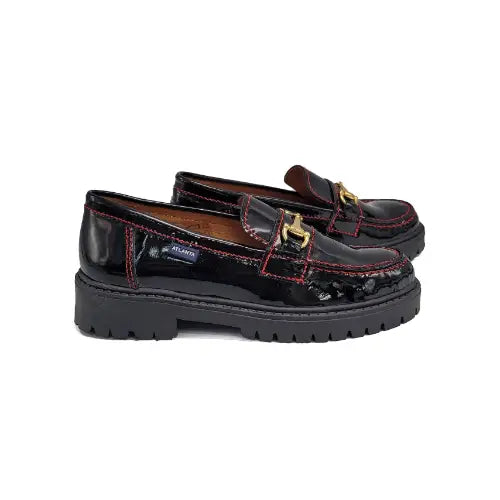 ATLANTA MOCASSIN Black Patent Red Stich Chunky Chain Loafer-17K - 32 - GIRLS