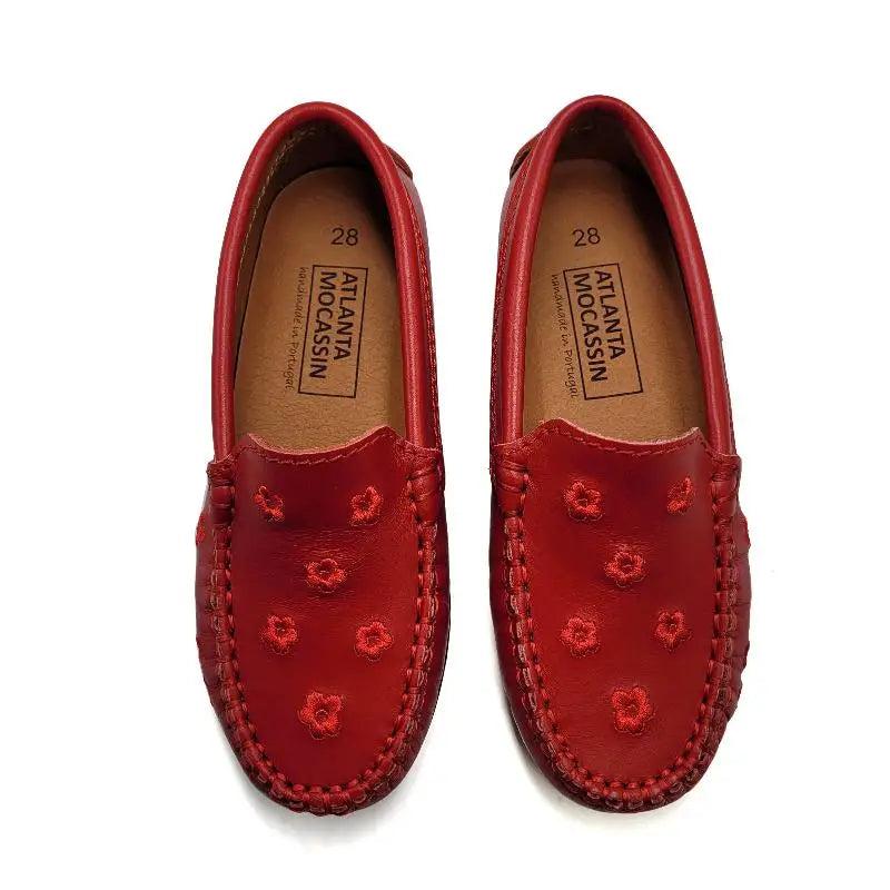 Atlanta Mocassin Red Flower Leather Loafer for Girls Laced Shoe