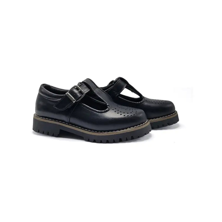 Blublonc bel chunky black perf leather t-strap - t strap