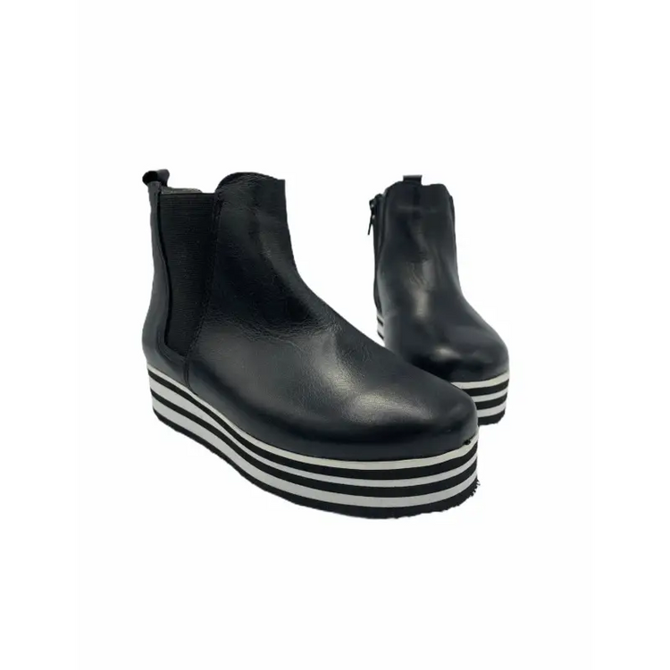 Blublonc Black Leather Raised Black White Sole Side Zipper Bootie