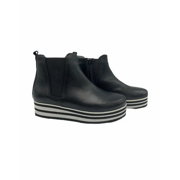 Blublonc Black Leather Raised Black White Sole Side Zipper Bootie