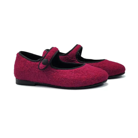 Pair of fuchsia mary jane with a black strap on a white background
