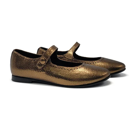 Pair of metallic bronze shoes with a strap on a white background