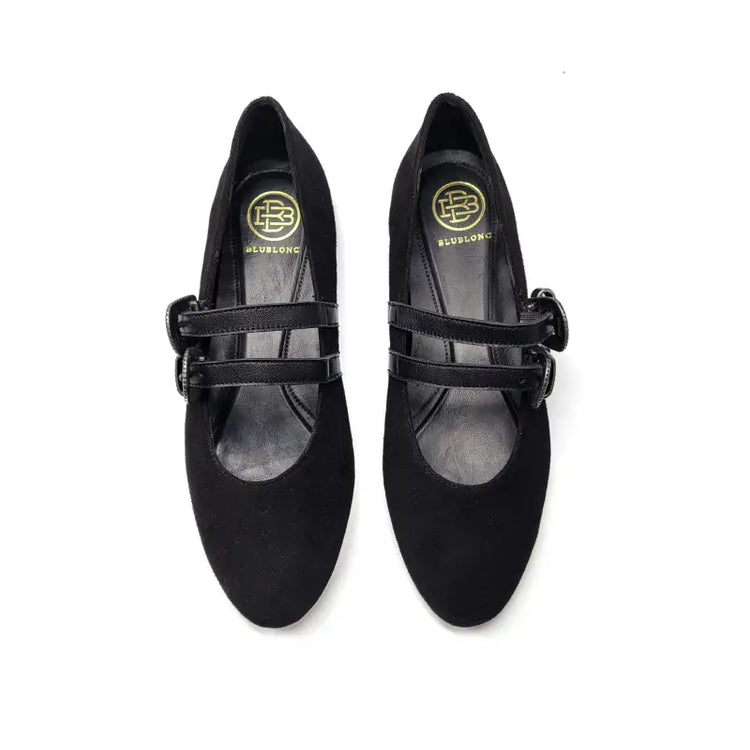 Blublonc nyla rich black suede double buckle mary jane - ballet