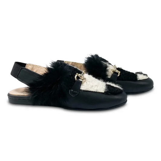 Brunellis black white shearling chain slingback mule 3021 - girls