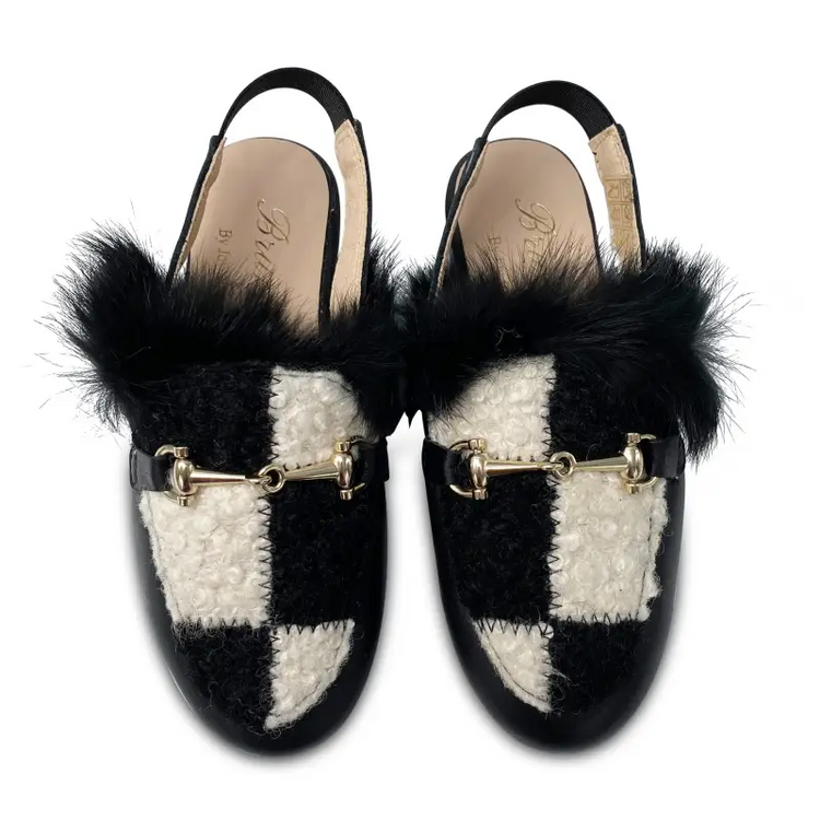 Brunellis black white shearling chain slingback mule 3021 - girls