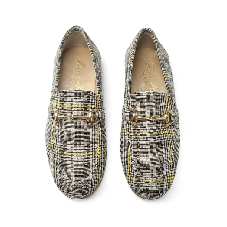 Brunellis black white yellow plaid slip on chain loafer s-18 - boys