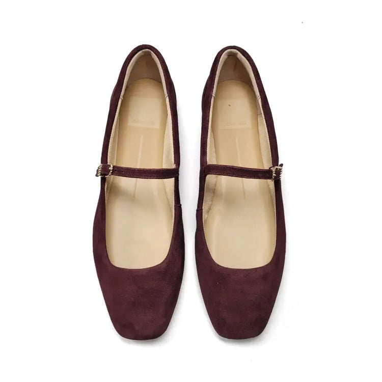 Pair of maroon shoes with a strap on a white background
