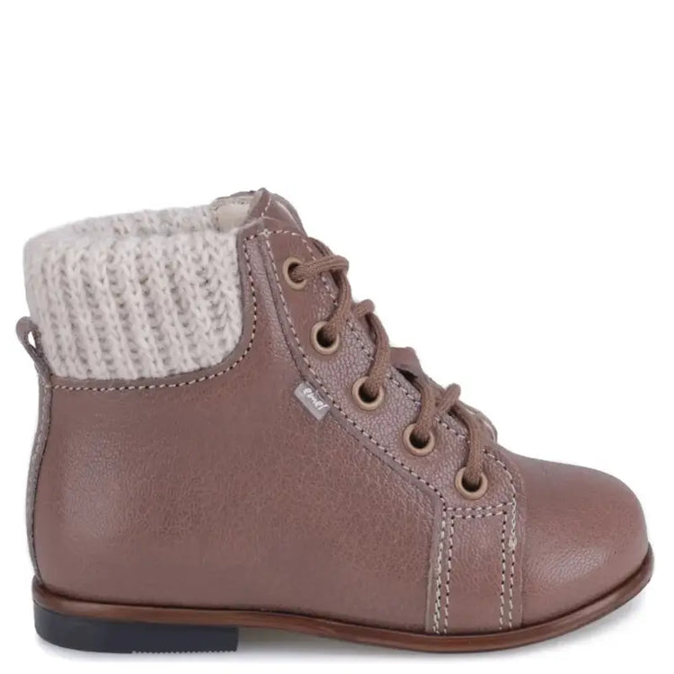 Brown leather boot with knit cuff on a white background