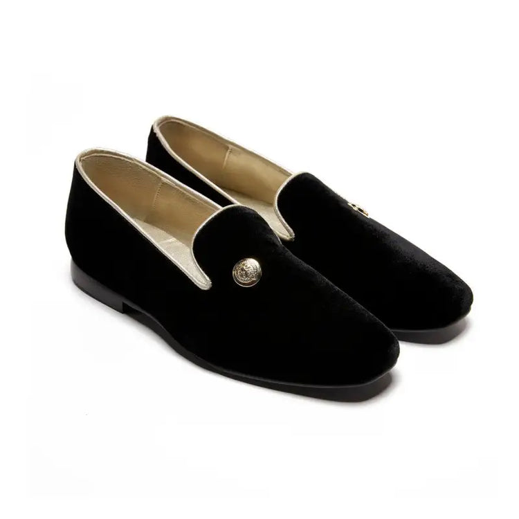 Finding alex thina black velvet gold detail slip on dress shoe - girls
