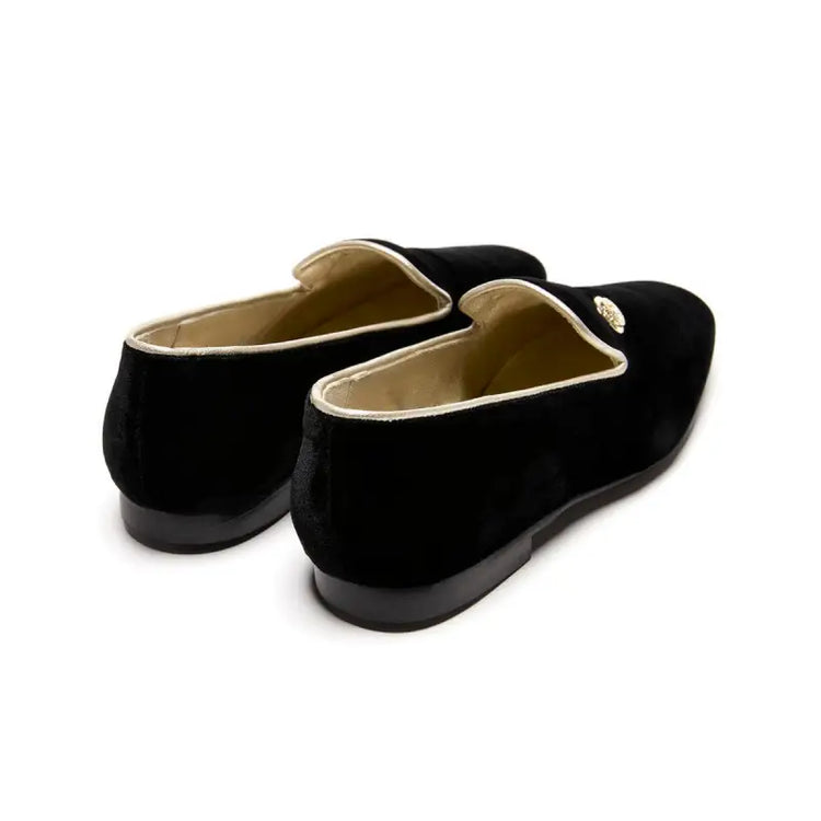 Finding alex thina black velvet gold detail slip on dress shoe - girls