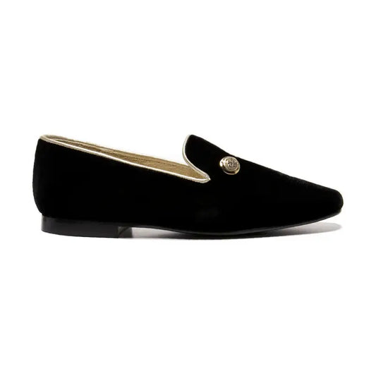 Finding alex thina black velvet gold detail slip on dress shoe - girls