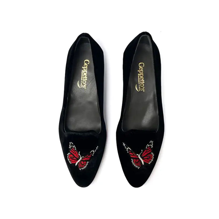 Geppettos black velvet butterfly slip on 0570 - girls