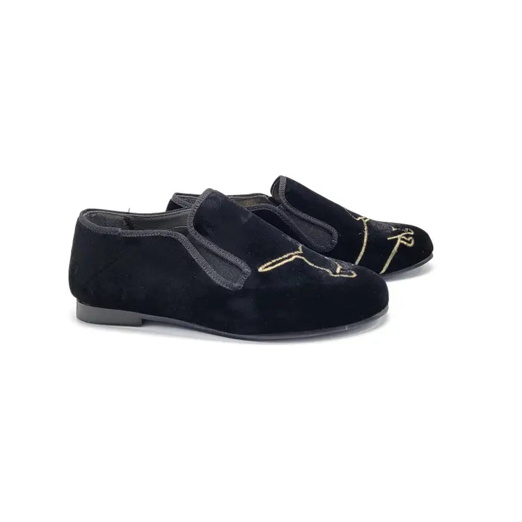 Geppettos black velvet dog embroidered smoking slip on 138507b - unisex