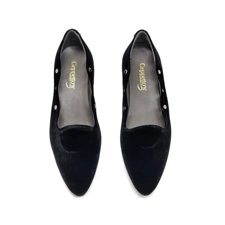 Geppettos black velvet studded pointed slip on 102163a - girls