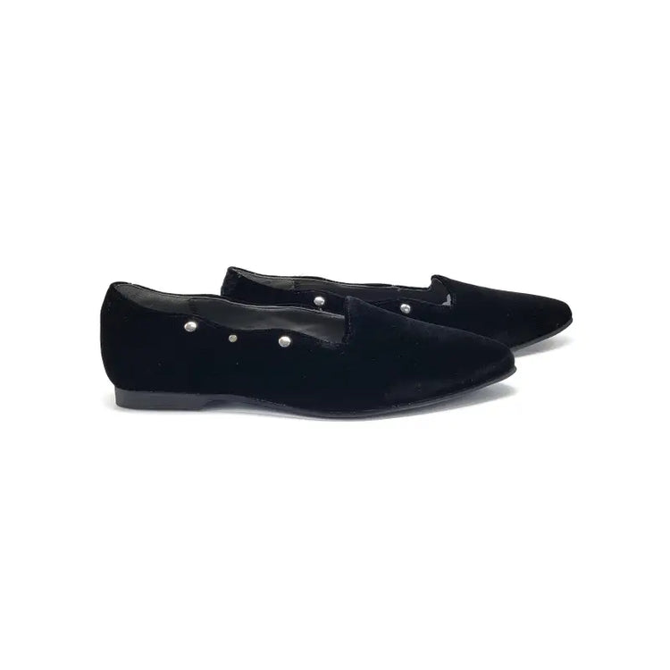 Geppettos black velvet studded pointed slip on 102163a - girls