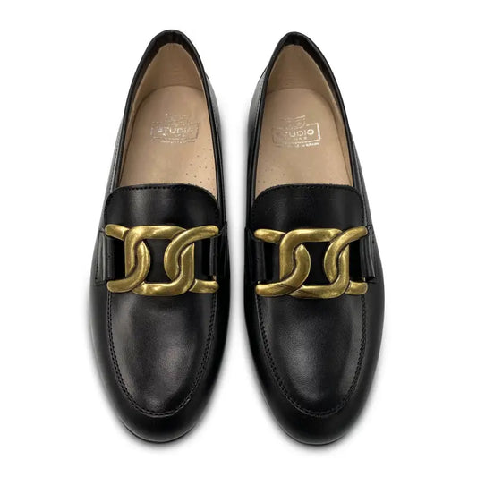 Hoo black leather brushed gold curb chain slip on loafer 3257 - girls