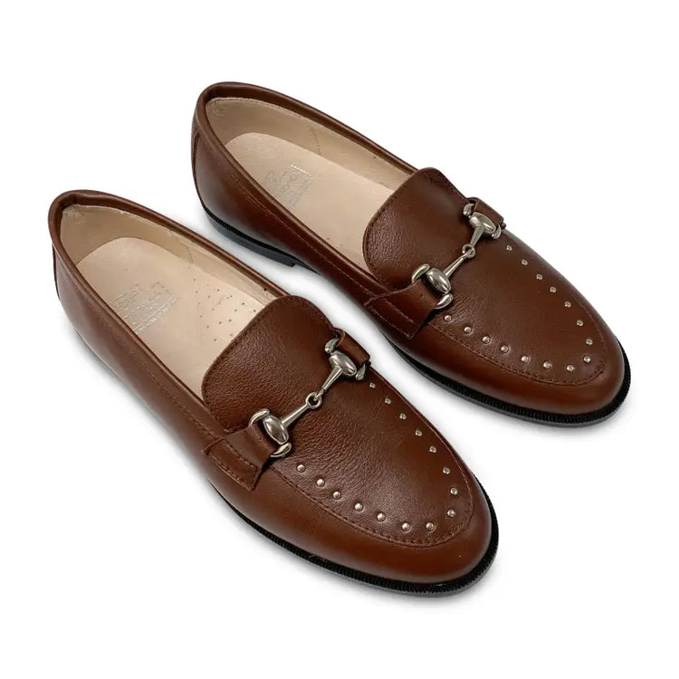 Hoo brown leather studded chain loafer 3176 - girls