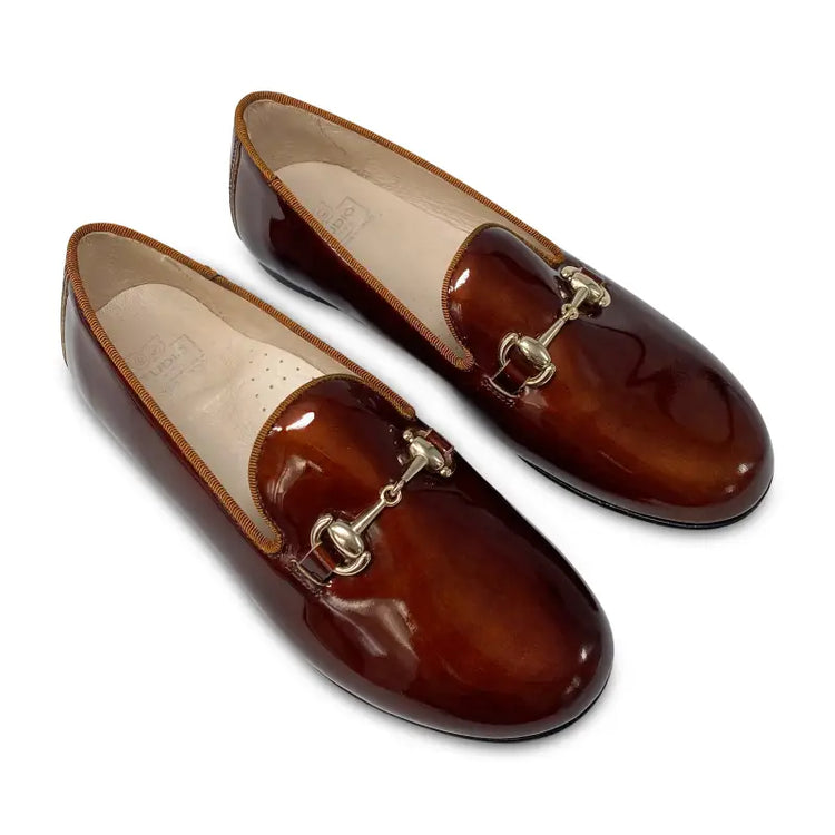 Hoo brown metallic patent chain smoking slip on 3172 - girls