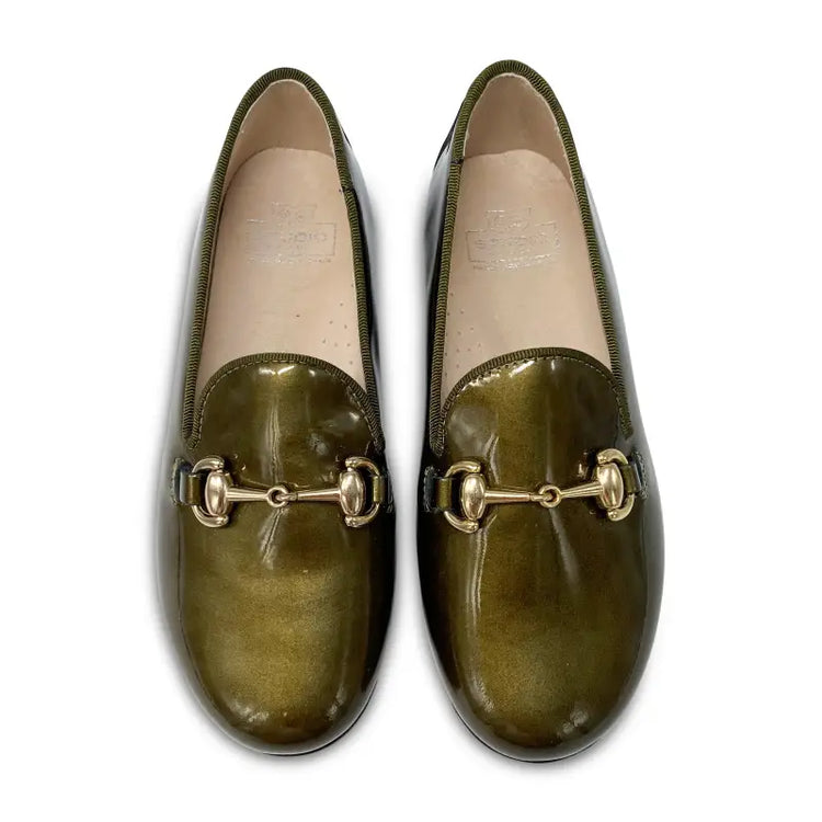 Hoo olive green metallic patent chain smoking slip on 3172 - girls