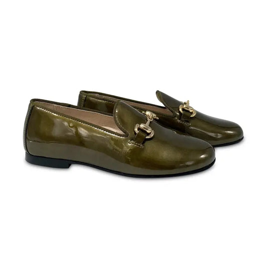 Hoo olive green metallic patent chain smoking slip on 3172 - girls