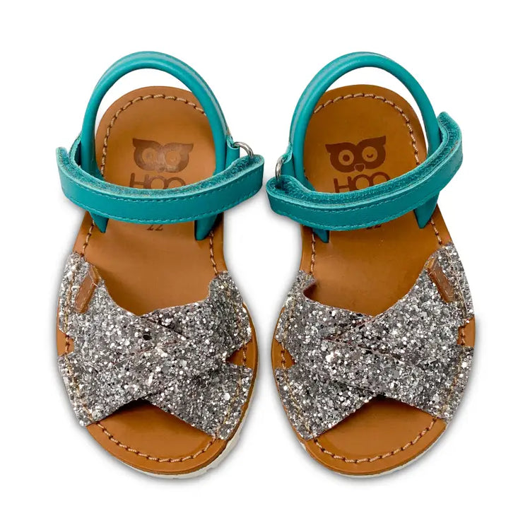 Hoo turquoise silver glitter velcro sandal rb1018b - girls