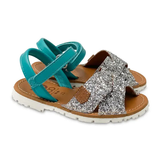 Hoo turquoise silver glitter velcro sandal rb1018b - girls