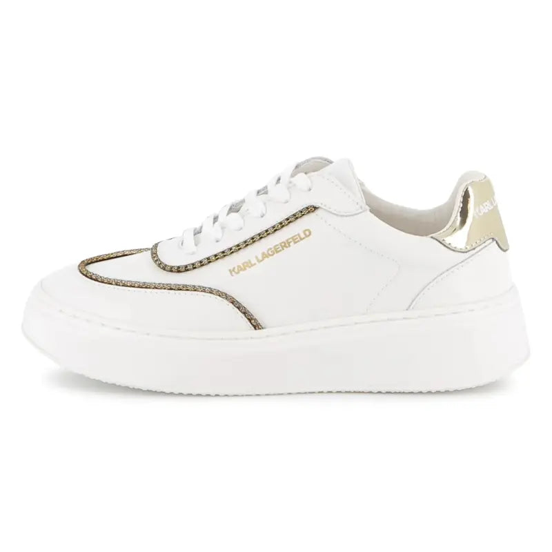 White sneaker with gold accents on a white background