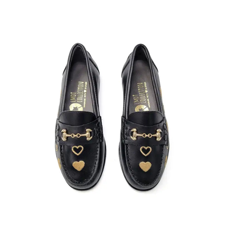 Lmdi black gold heart loafer for school 102126 - girls
