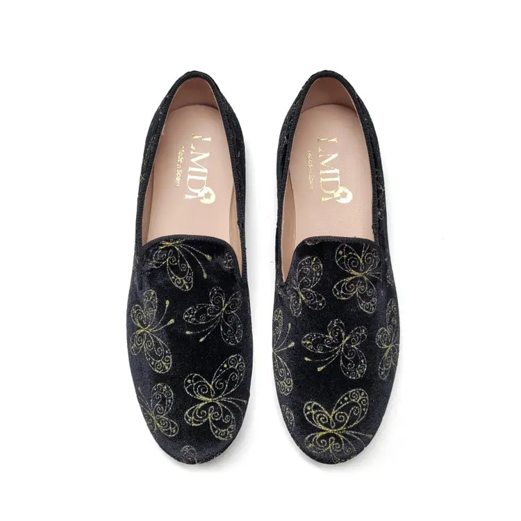 Lmdi sleeper black velvet gold butterfly slip on - smoking shoe