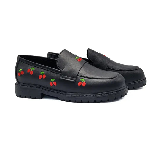 Black loafers with cherry embroidery on a white background
