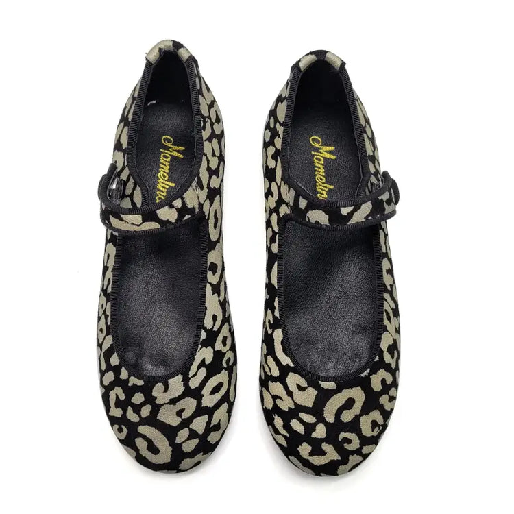 Pair of leopard print shoes with black straps on a white background