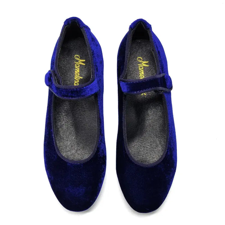 Pair of blue velvet shoes with a visible brand name on a white background