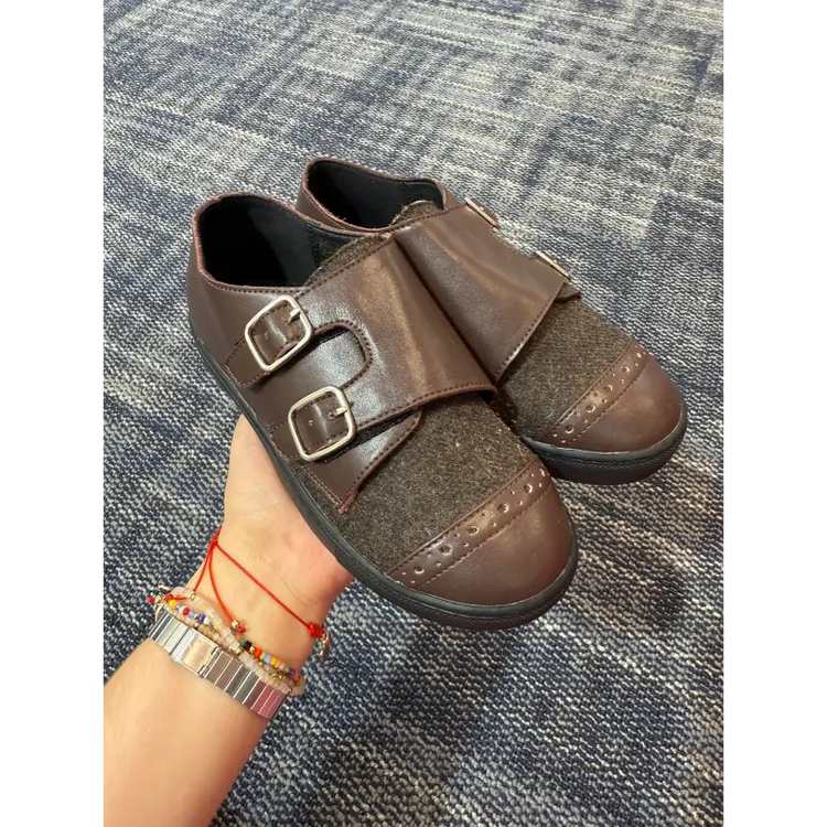 Mamelina dark brown flannel leather monk strap velcro sneaker 20209 24 velcro sneaker