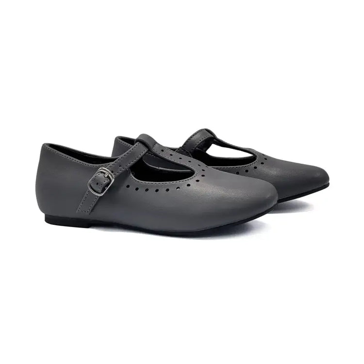 Pair of gray shoes with a buckle on a white background