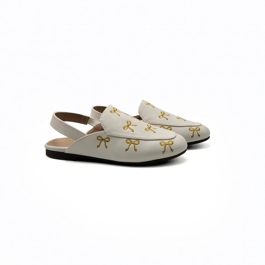 Ivory leather gold bow mule shoes fast shipping