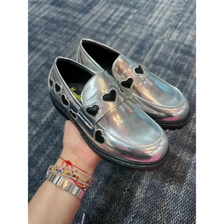 Mamelina silver metal heart chunky loafer 2407 slip on dress