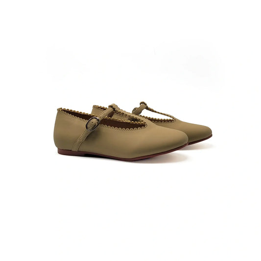 Mamelina taupe leather scalloped t-strap shoes fast shipping