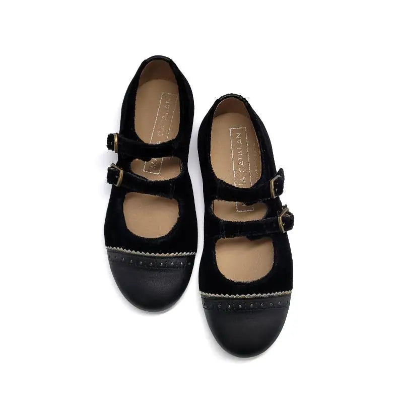 Maria Catalan Black Velvet Gold Trim Double Buckle Mary Jane 705705 - GIRLS