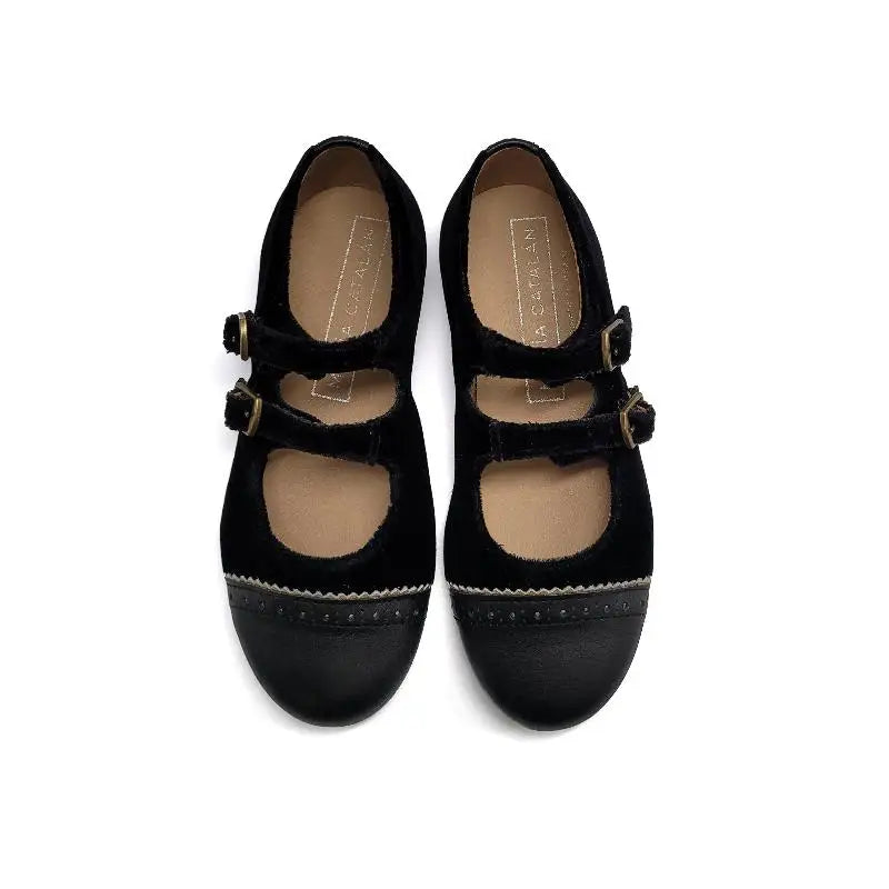 Maria Catalan Black Velvet Gold Trim Double Buckle Mary Jane 705705 - GIRLS
